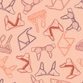 Seamless pattern with hand drawn cartoon outlines of tops, bras, bralettes. Cute swimwear icons for social networks, stories